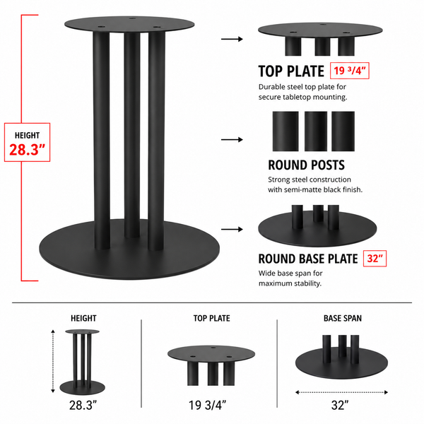 Globe Round 3 Post Table Base - Flat Plate
