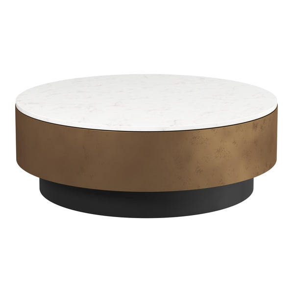 Round coffee table with white top and brown and black base on a white background