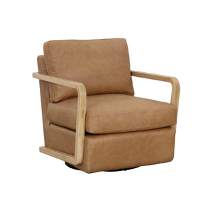 Castell Swivel Lounge Chair - Rustic Oak - Ludlow Sesame Leather