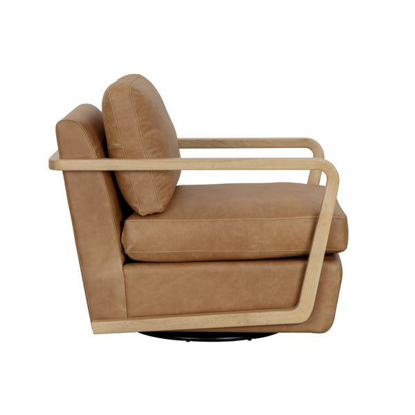 Castell Swivel Lounge Chair - Rustic Oak - Ludlow Sesame Leather